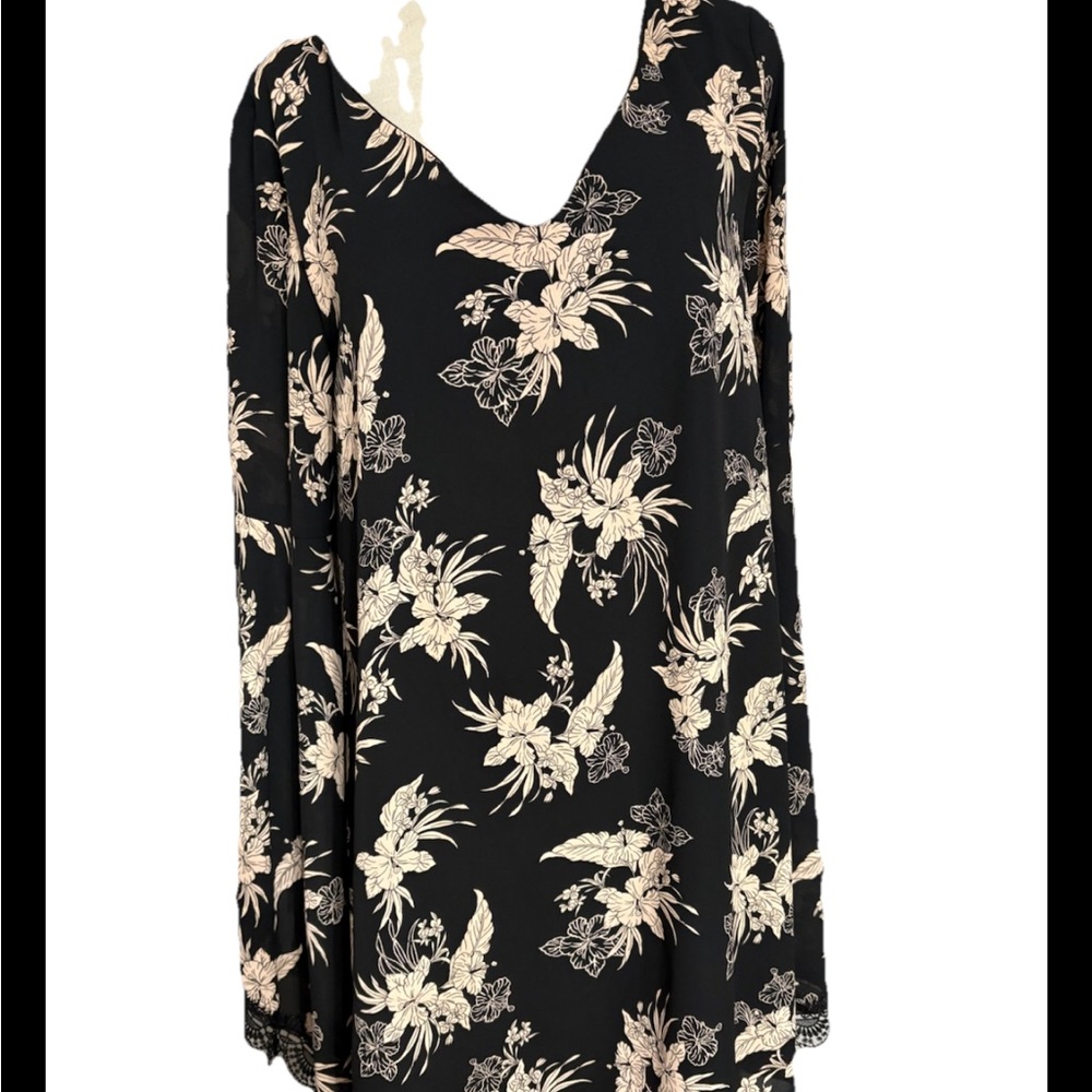 Honey Balle Large Women’s Floral Dress Beige/black Wide Bell Sleeves,